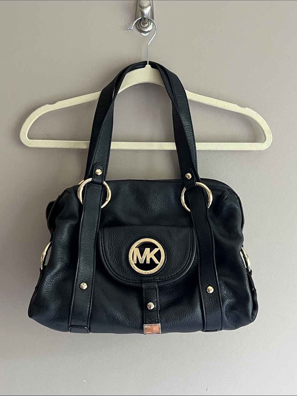 Michael Kors Fulton Leather Satchel Bag black pebbled leather Goldtone hardware